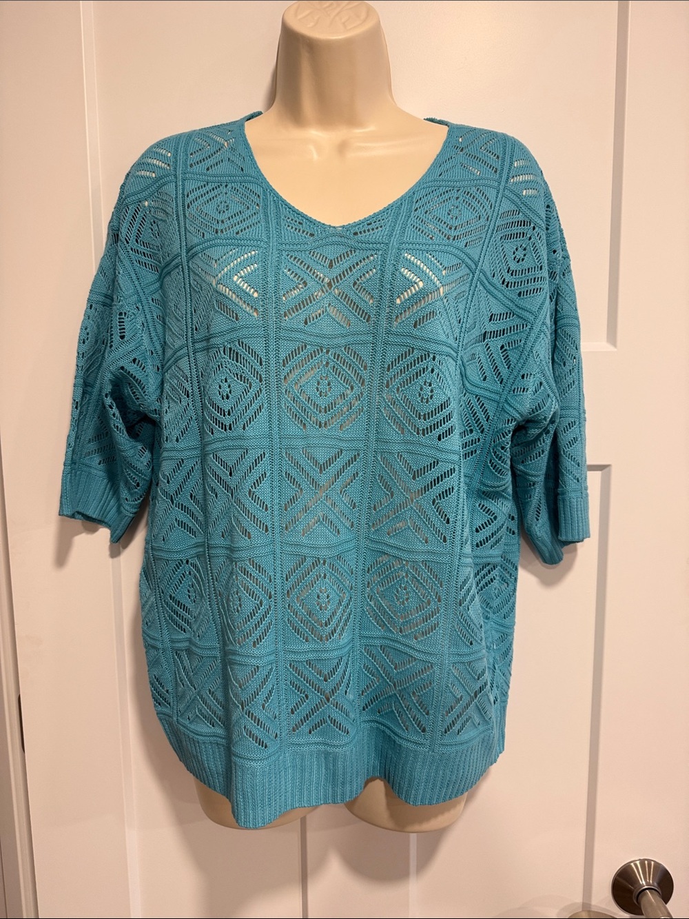 Turquoise Open Knit Sweater Medium 3/4 Sleeve Lightweight Boho Pullover